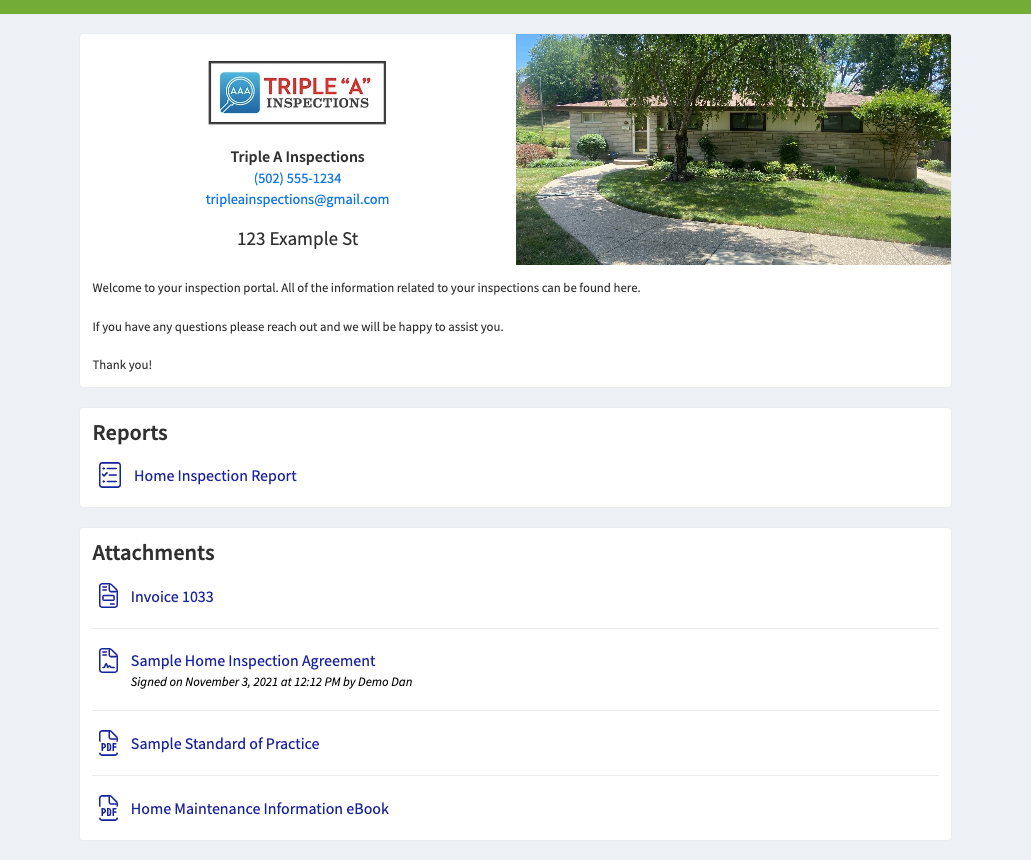 Full client portal with branding, reports, and attachments