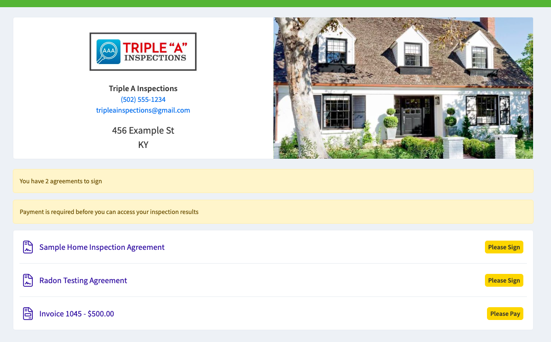 Client portal asking the client to sign the agreement and pay the invoice