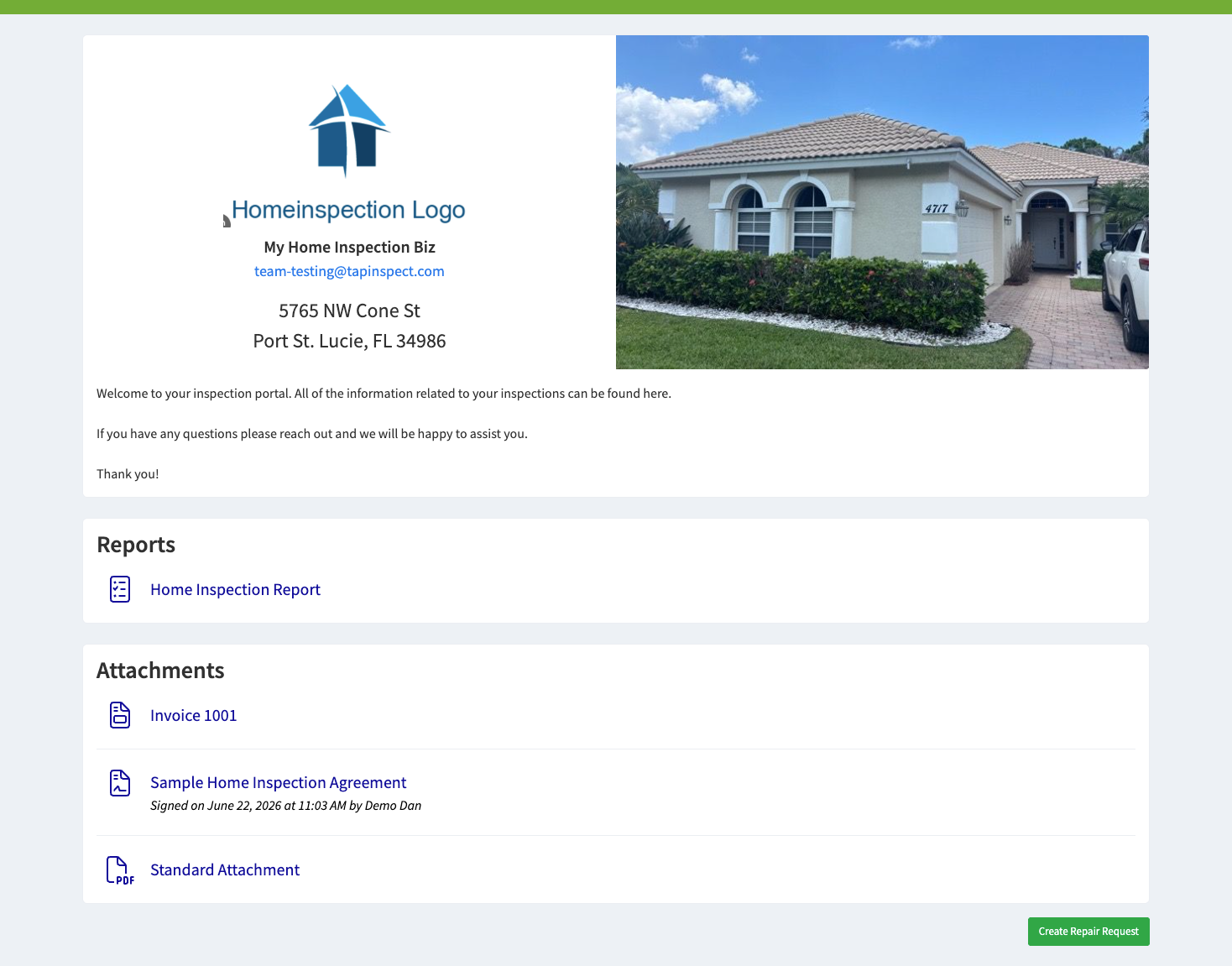 Client portal with the Create Repair Request button