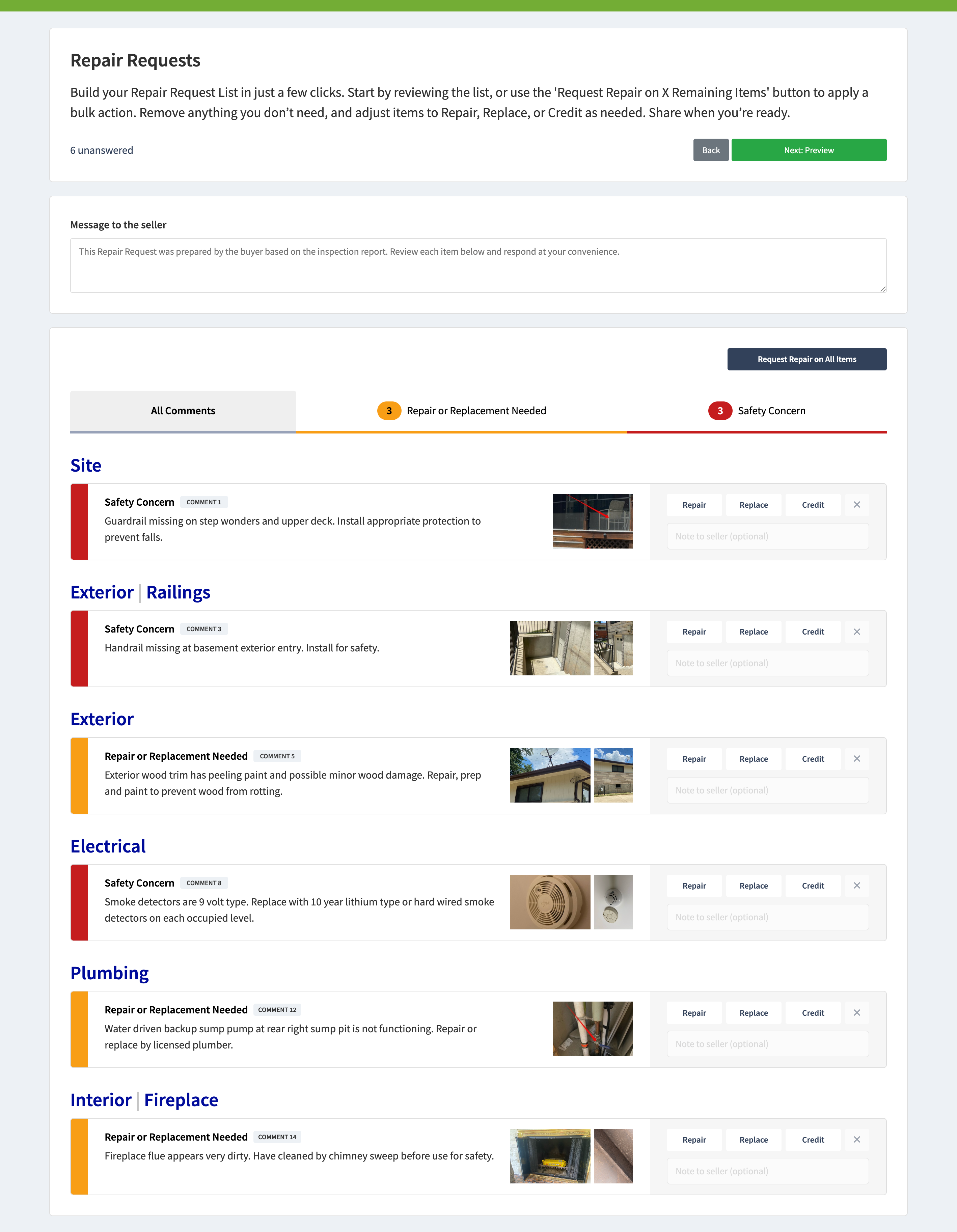 Repair request builder with findings marked Repair, Replace, or Credit