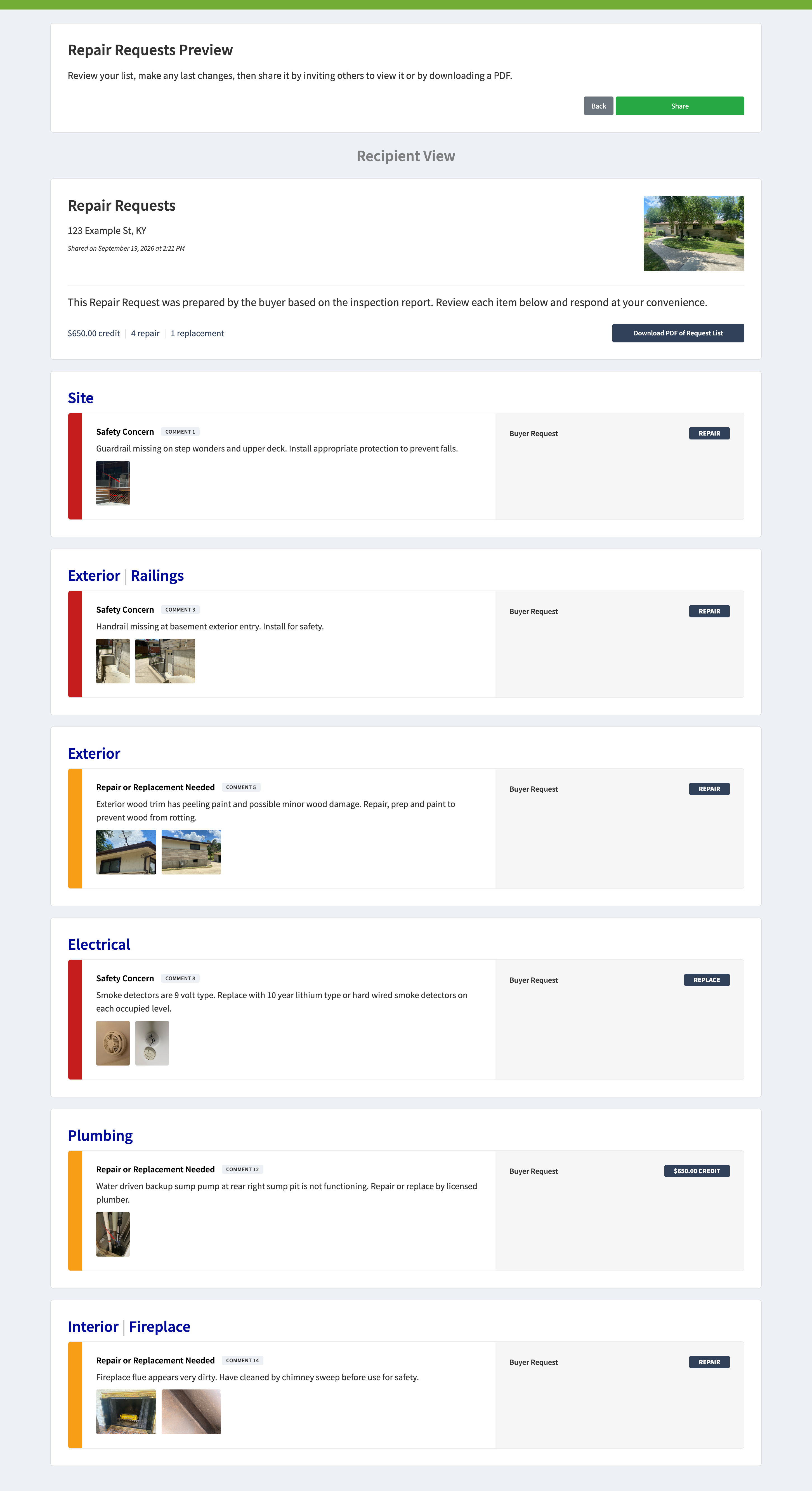Repair Requests Preview showing the summary and requested items