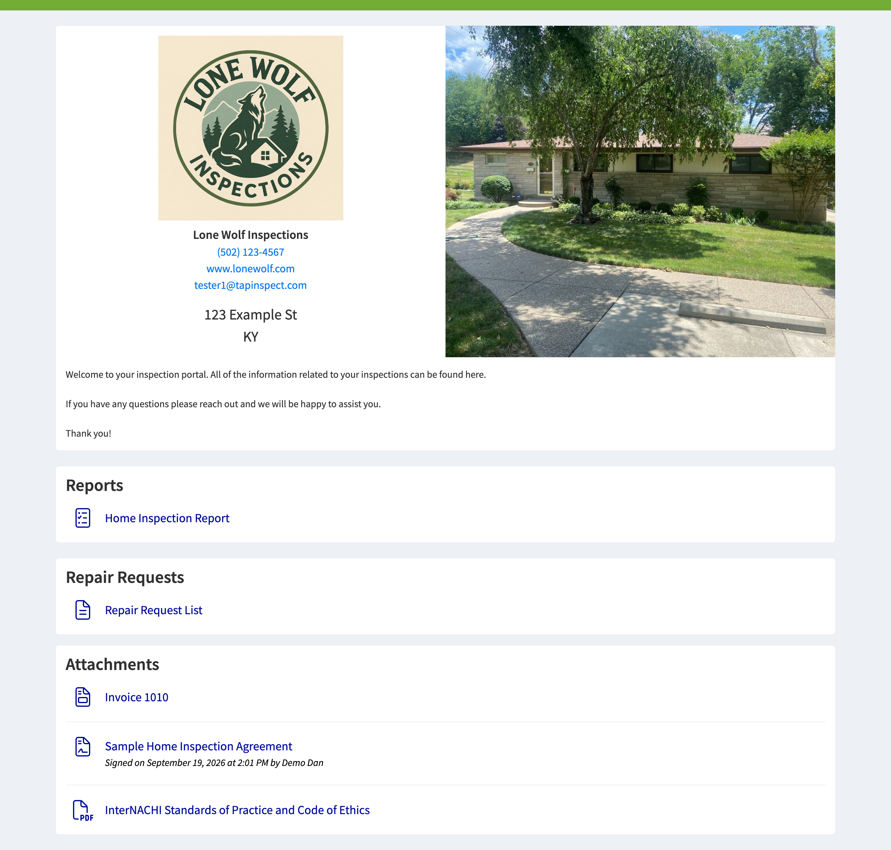 Client portal showing an existing repair request list