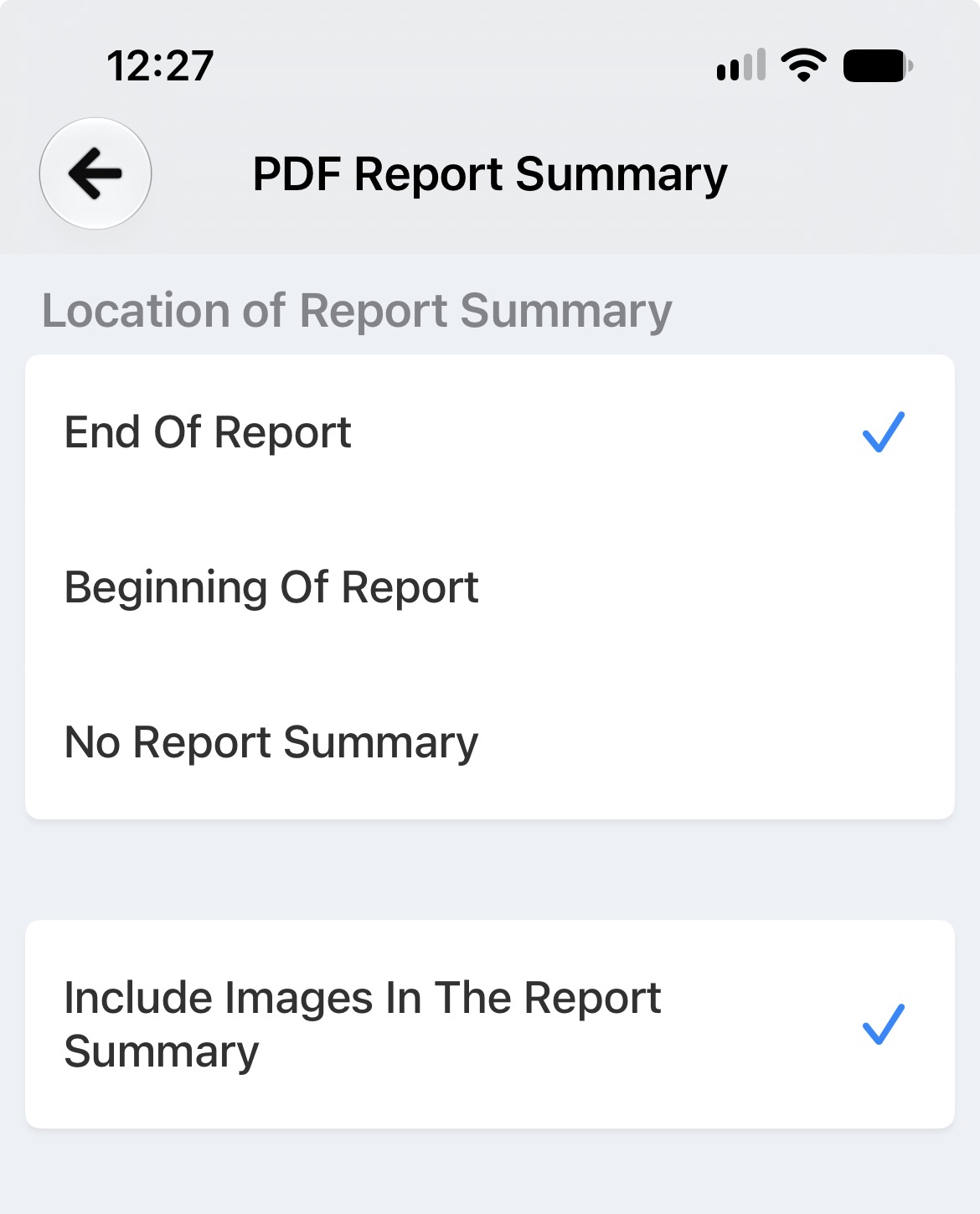 PDF Report Summary screen in Report Options showing Location of Report Summary and Include Images In The Report Summary