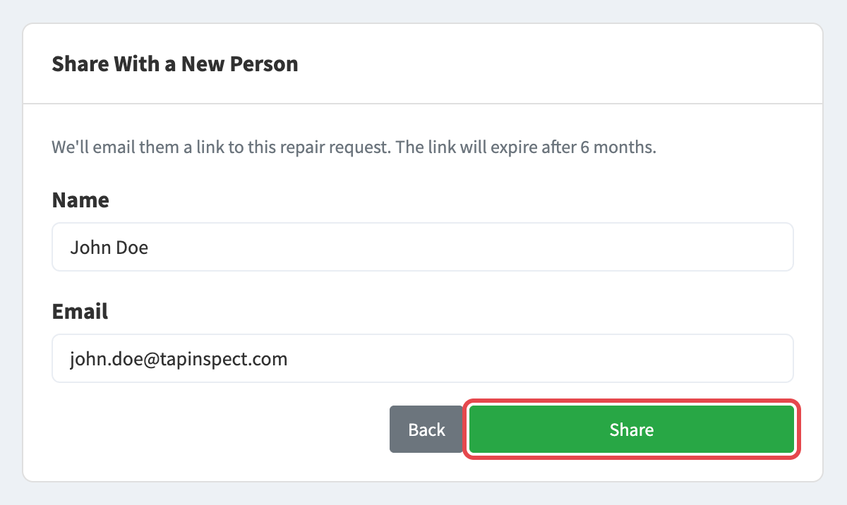 Share With a New Person form with name and email filled in