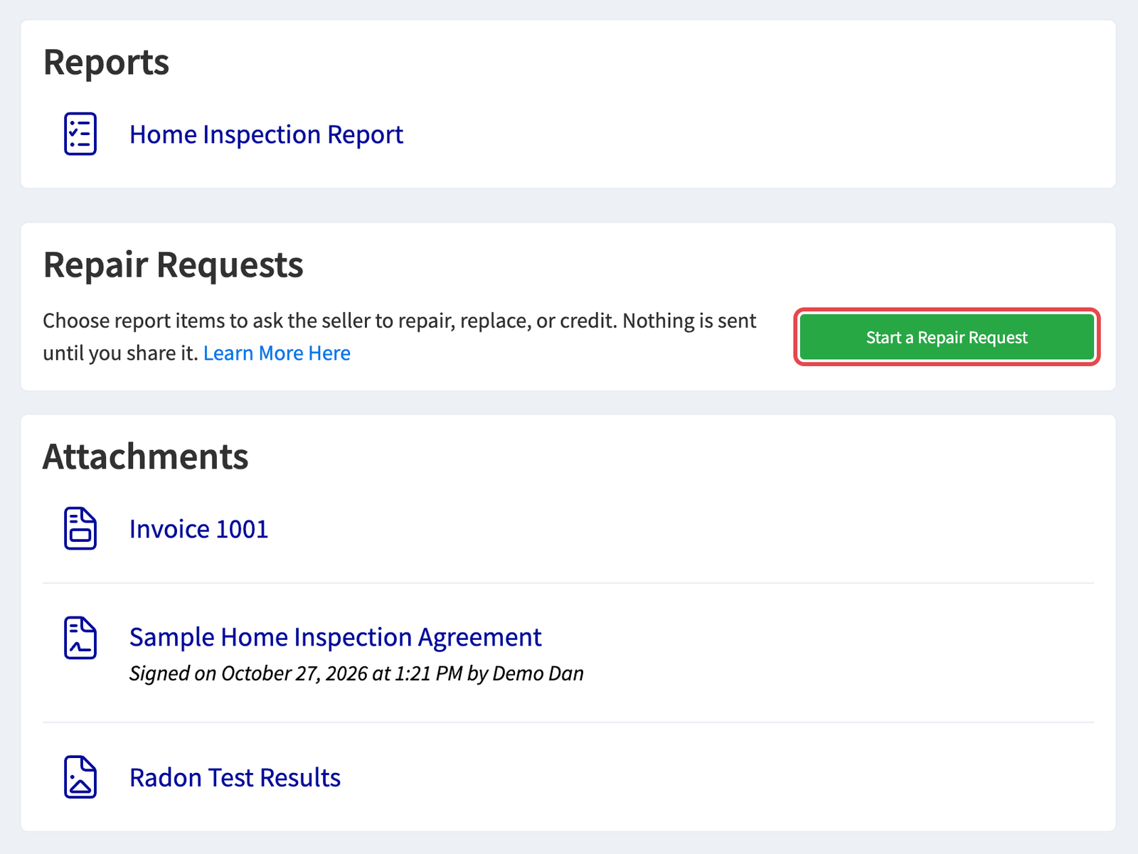 Client portal showing the Repair Requests section with the Start a Repair Request button
