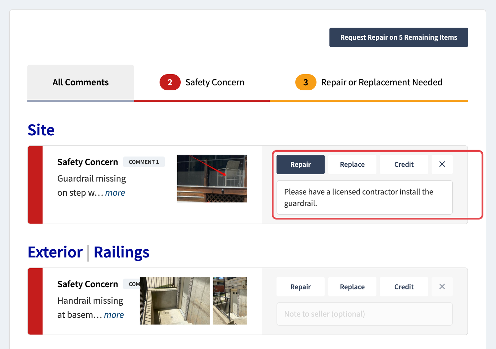 Repair request builder with one finding set to Repair and a note to the seller