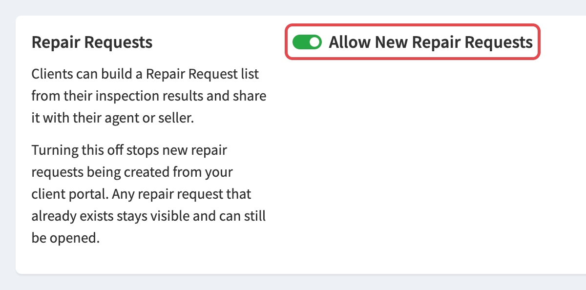 Client Portal settings with the Allow New Repair Requests toggle turned on