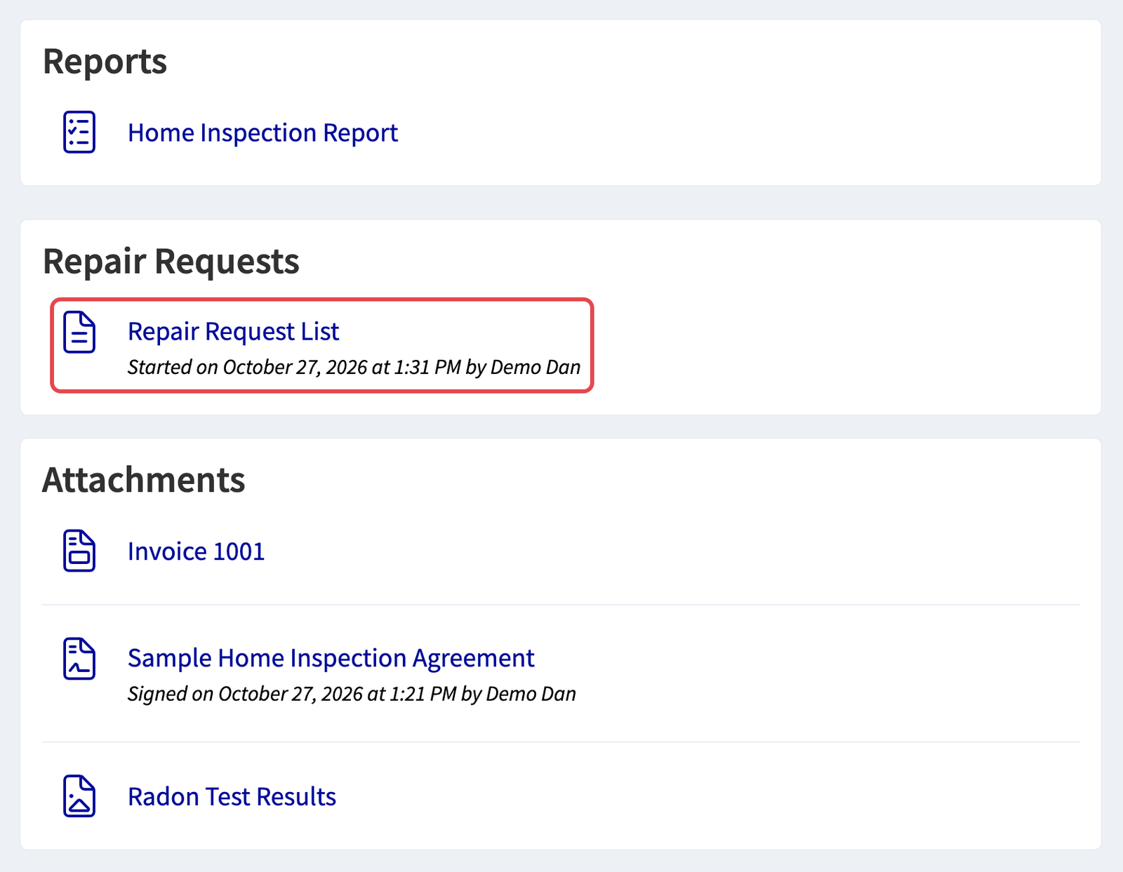 Client portal showing an existing Repair Request List