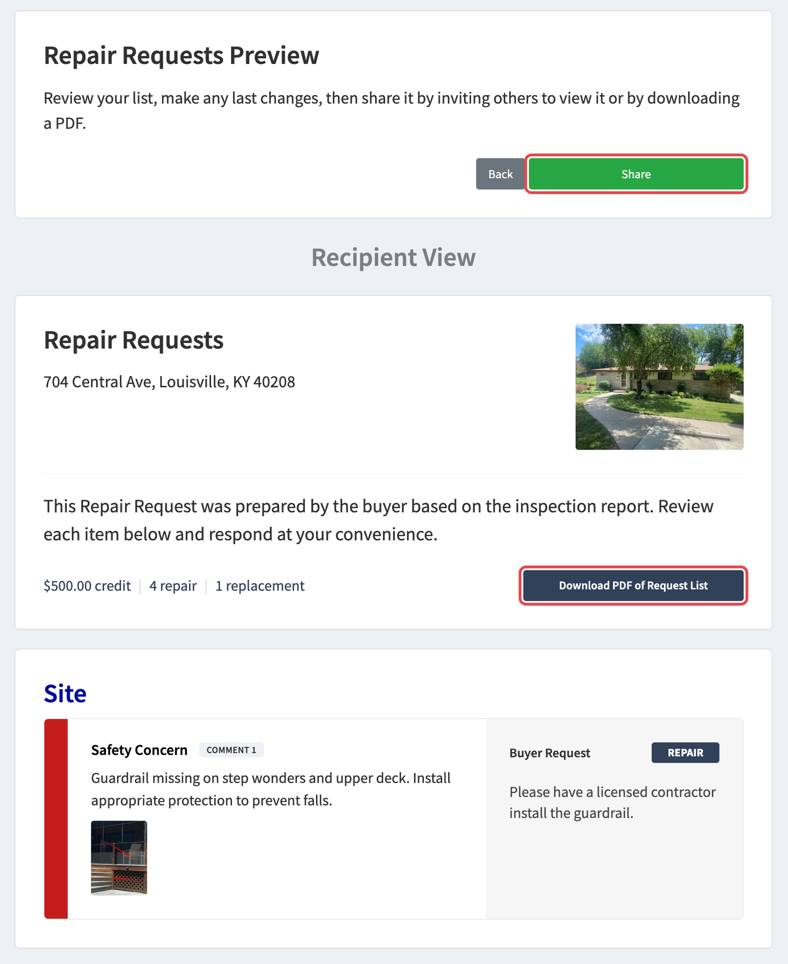 Repair Requests Preview with the Share and Download PDF buttons