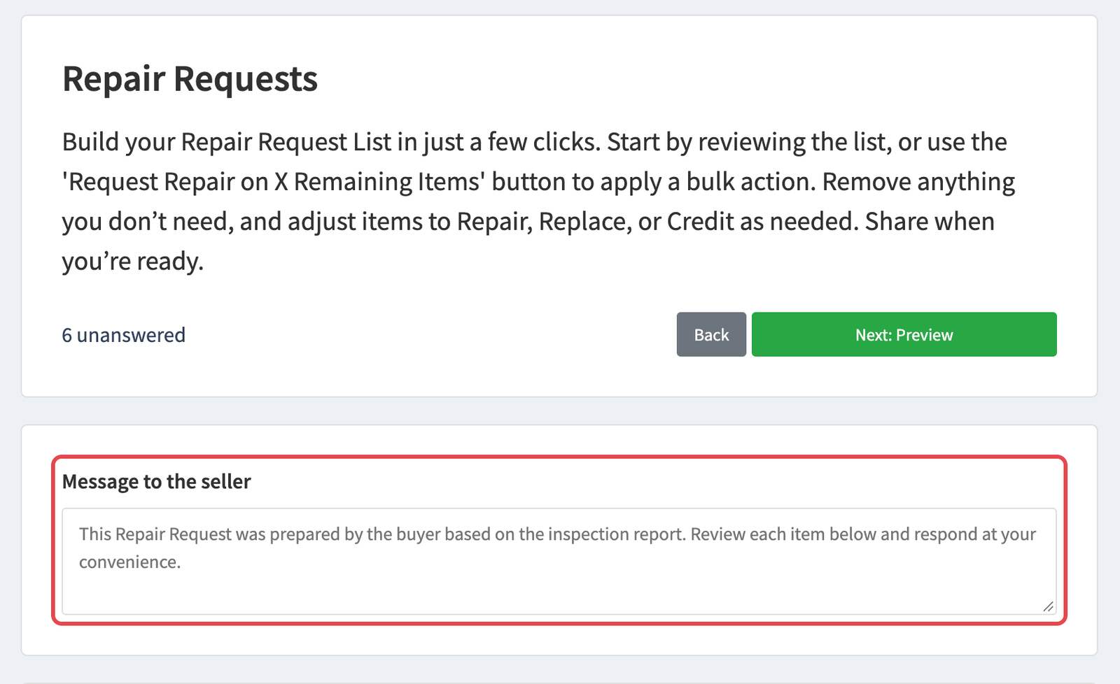 Top of the repair request builder showing the unanswered count and Message to the seller